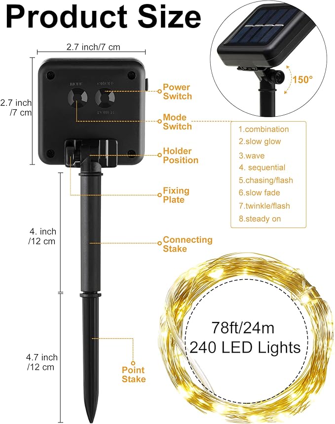 Treela 8 Pack Solar String Lights Outdoor Waterproof Each 240 Led 78ft Solar Fairy Lights Outdoor 8 Mode Led Tree Waterproof Copper Wire Garden Yard(Warm White)