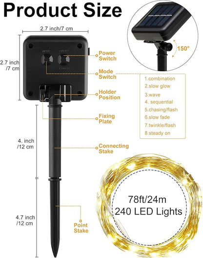 Treela 8 Pack Solar String Lights Outdoor Waterproof Each 240 Led 78ft Solar Fairy Lights Outdoor 8 Mode Led Tree Waterproof Copper Wire Garden Yard(Warm White)