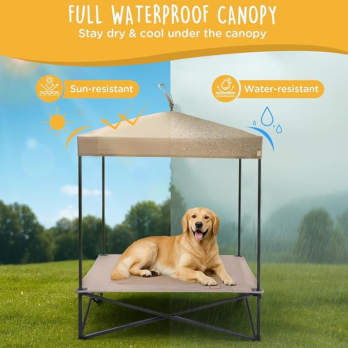 Piper Pop-Up Canopy Cot - Large Foldable Elevated Dog Bed with Waterproof Shade, Cooling Mesh, Heavy Duty up to 110 lbs, Perfect for Camping and Home, Tan, 35"x 35"