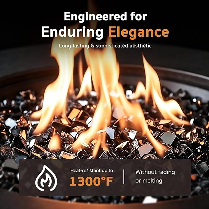 GASPRO 35 lbs Fire Glass for Propane Fire Pit, 1/2-Inch Reflective Fireplace Glass Rocks for Fire Pit Table, Black
