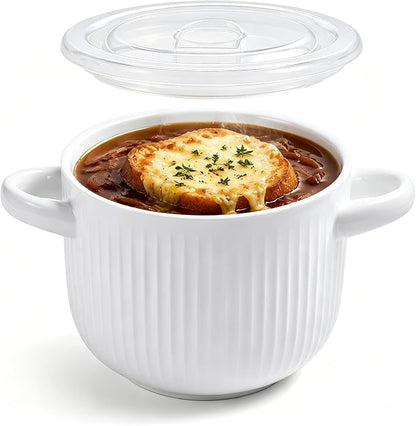 Ceramic Soup Bowl with Handles and Lid, 24 oz French Onion Soup Crock, Oven Safe Bowl for Soup, Chili, Ramen, Pasta and Cereal, Microwave Dishwasher Safe - White