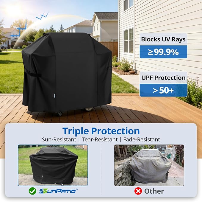 SunPatio 58 Inch Outdoor Grill Cover, Compatible for Weber Genesis II, Genesis 300 and II LX 300 Series Gas Grills, Heavy Duty Waterproof Barbecue Cover, Compared to Weber 7130, 58"W x 25"D x 44.5"H