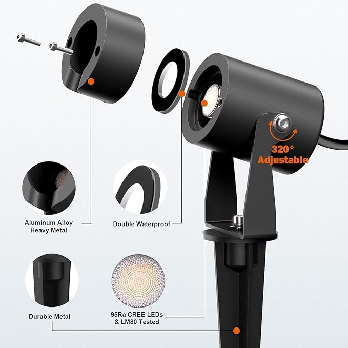 Pure Aluminum 12V Low Voltage Landscape Spotlights, 3W Outdoor Waterproof Garden Lights for Yard, Pathway, Tree Up Lighting, Warm White 3000K High CRI 95+ Heavy Duty Light Fixture, Black