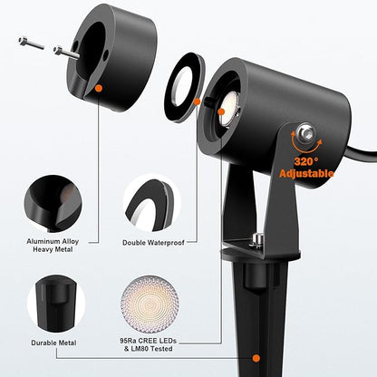 Pure Aluminum 12V Low Voltage Landscape Spotlights, 3W Outdoor Waterproof Garden Lights for Yard, Pathway, Tree Up Lighting, Warm White 3000K High CRI 95+ Heavy Duty Light Fixture, Black