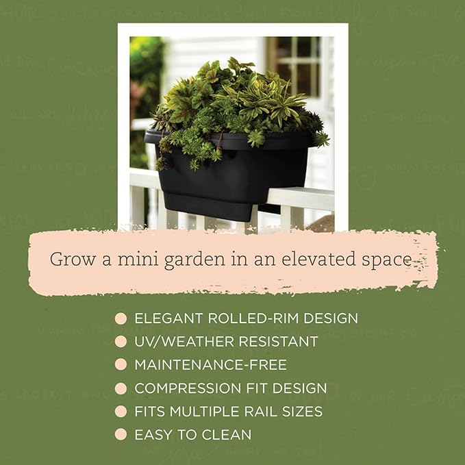 Bloem 24" Black Resin Deck Rail Round Planter, 9" H, 24" L, 12" W, Fits Rail Sizes Between 4.75" - 5.75" Wide