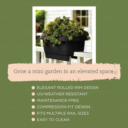 Bloem 24" Black Resin Deck Rail Round Planter, 9" H, 24" L, 12" W, Fits Rail Sizes Between 4.75" - 5.75" Wide