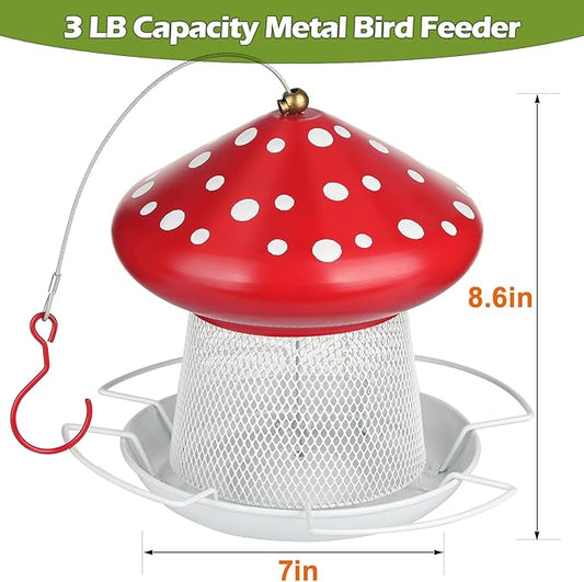 Bird Feeder, Heavy Duty Metal Bird Feeders for Outdoor Hanging, Cute Mushroom Shape Wild Birdfeeder for Outside Garden Yard (Red)
