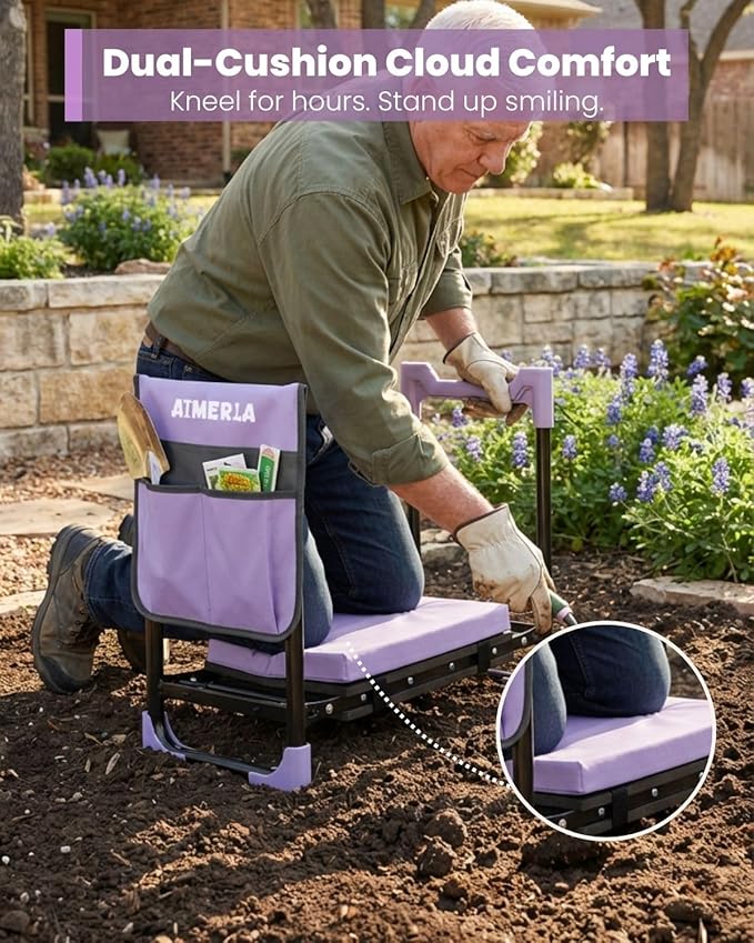 Aimerla K7 Foldable Garden Kneeler Seat, Upgraded Anti-Slip Base, 350LBS Capacity, 10.2" Wide EVA Pad & Detachable Cloud Cushion, 2-in-1 Kneeler Bench for Seniors, Gardening Gifts for Parents
