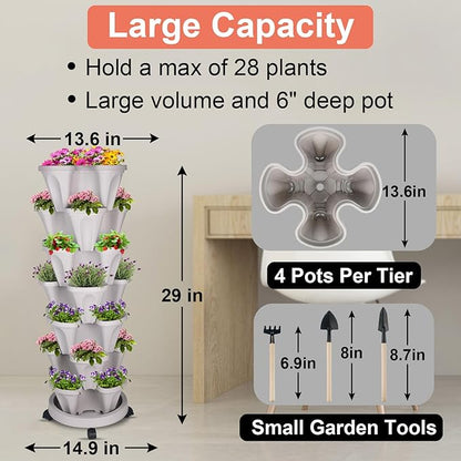 GameXcel Vertical Planter Tower- 7 Tier Stackable Garden Planter with Wheels and Tool Set – Grow Strawberries Herbs Flowers and Vegetables - Indoor Outdoor Use Gray