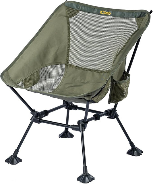 iClimb Ultralight Compact Camping Folding Beach Chair with Anti-Sinking Large Feet and Back Support Webbing (Green- Square Frame)