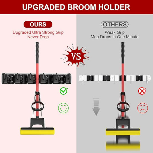 LETMY Broom Holder Wall Mount - Mop and Broom Hanger Holder - Garage Storage Rack & Garden Tool Organizer - 5 Position 6 Hooks Broom Rack for Home, kitchen, Garden, Tools, Garage Organization - Black