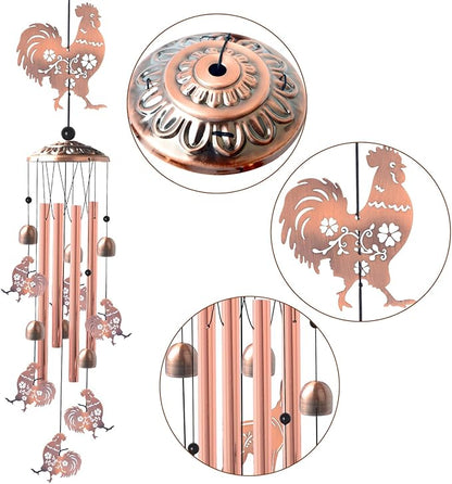 Outside Brass Rooster Wind Chimes – Handcrafted with Deep Melodic Tone, Christmas/Birthday Decor for Garden & Patio Lovers, Unique Housewarming Present for Outdoor Spaces
