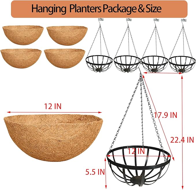 12 Inch Black Flat Iron Metal Hanging Planter Basket with Coco Coir Liner(4 Pack) Hanging Planters for Outdoor Plants Hanging Baskets for Plants Flower Pots for Deck Patio Porch Garden Balcony