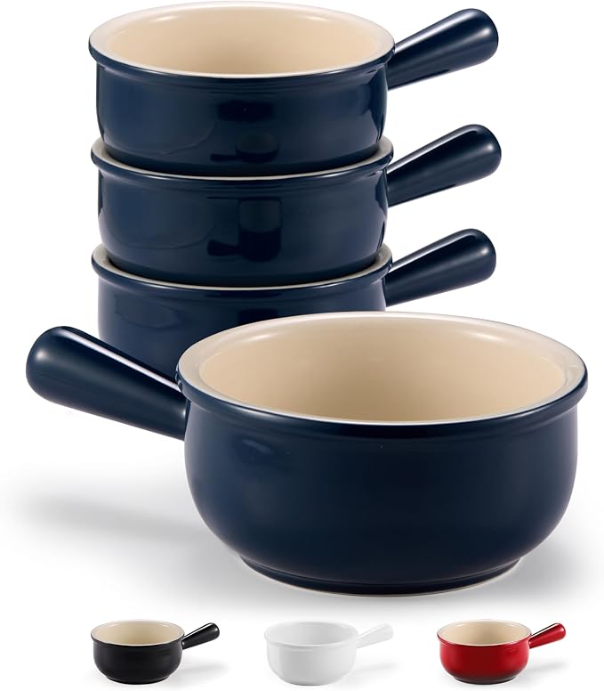 KooK French Onion Soup Bowls, French Onion Soup Crocks, Soup Bowl with Handles, 15 oz, Set of 4, Ceramic Bowls, Microwave, Dishwasher Safe & Oven safe, Stoneware,(Navy)