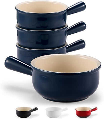 KooK French Onion Soup Bowls, French Onion Soup Crocks, Soup Bowl with Handles, 15 oz, Set of 4, Ceramic Bowls, Microwave, Dishwasher Safe & Oven safe, Stoneware,(Navy)