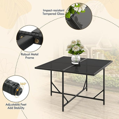 Tangkula 9 Pieces Outdoor Dining Furniture Set, Space-Saving Wicker Rattan Chairs & Tempered Glass Table with Ottomans, Cushioned Seat, Patio Conversation Set for Garden Yard Poolside