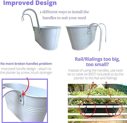 LaLaGreen Rail Planters for Outdoor (10 Pack, 11.2 Inch) White Metal Iron Strawberry Planter Hanging Flower Pots, Deck Railing Fence Bucket Wall Mount Window Box Plant Holder with Hooks Porch Decor