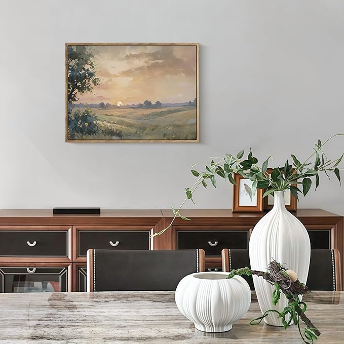 Vintage Canvas Wall Art Sunset Wall Decor Landscape Countryside Wilderness Oil Painting Rustic Picture Modern Farmhouse Print Nature Scenery Prints Living Room Bedroom Bathroom 12x16 Inch Framed