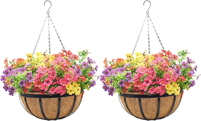 16 Inch Black Flat Iron Metal Hanging Planter Basket with Coco Coir Liner(2 Pack) Hanging Planters for Outdoor Plants Hanging Baskets for Plants Flower Pots for Deck Patio Porch Garden Balcony