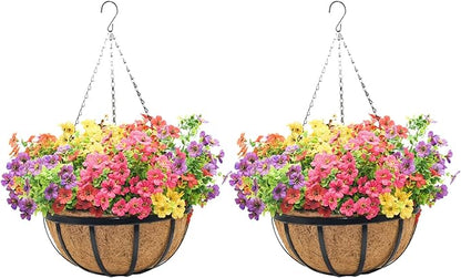 16 Inch Black Flat Iron Metal Hanging Planter Basket with Coco Coir Liner(2 Pack) Hanging Planters for Outdoor Plants Hanging Baskets for Plants Flower Pots for Deck Patio Porch Garden Balcony