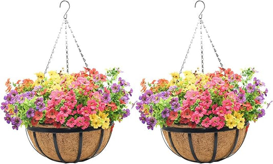 16 Inch Black Flat Iron Metal Hanging Planter Basket with Coco Coir Liner(2 Pack) Hanging Planters for Outdoor Plants Hanging Baskets for Plants Flower Pots for Deck Patio Porch Garden Balcony