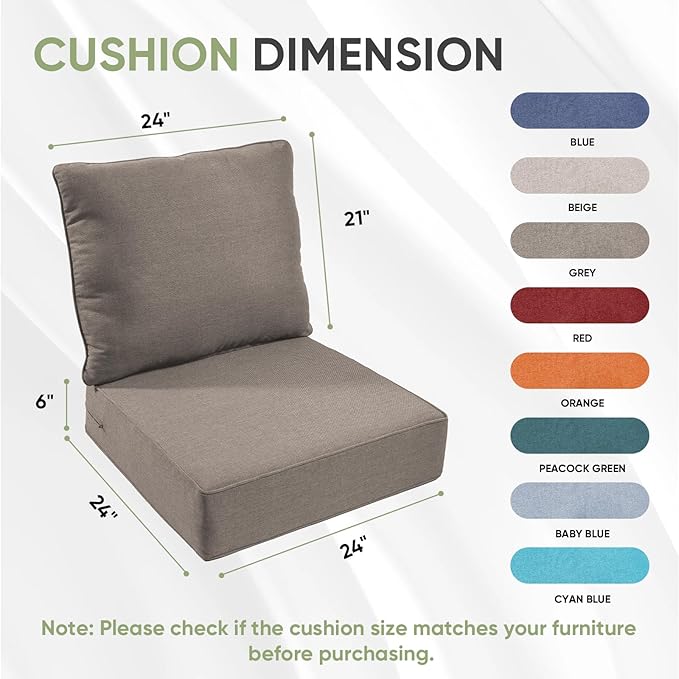Outdoor Chair Cushions Set of 3, Waterproof 24x24 Patio Chair Cushion, 6" Thickened Seat Cushion for Outdoor Furniture, Couch Cushion Replacement, Include 3 Back & 3 Seat Cushions, Thick/Grey