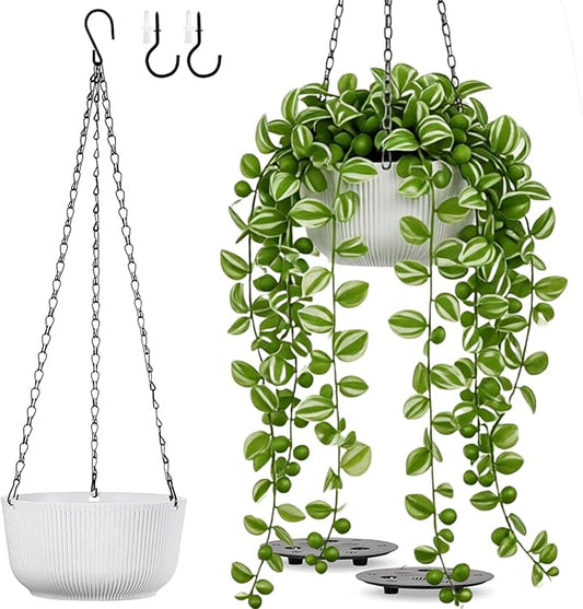 Set of 2 White Hanging Planters for Outdoor Indoor Plants, 8 Inch Self-Watering Hanging Plant Pots with Drainage Hole & Plug (Hooks)