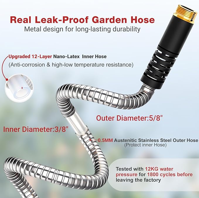 Lefree 75ft Metal Garden Hose - Heavy Duty 304 Stainless Steel Flexible Water Hose, No Kinks & Leak-Proof with Upgraded Handle, 10-Function Spray Nozzle for Yard, Garden, Pet Bath, Outdoor Cleaning