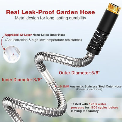 Lefree 75ft Metal Garden Hose - Heavy Duty 304 Stainless Steel Flexible Water Hose, No Kinks & Leak-Proof with Upgraded Handle, 10-Function Spray Nozzle for Yard, Garden, Pet Bath, Outdoor Cleaning