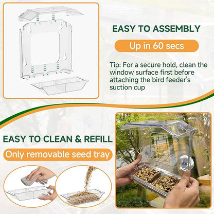 Window Bird Feeder with 4 Extra Strong Suction Cups, Clear Bird Feeder with Dual Seed Tray, Easy to Install & Clean, Birdfeeder for Viewing Wild Birds, Bird Watching Gift, Garden Decor