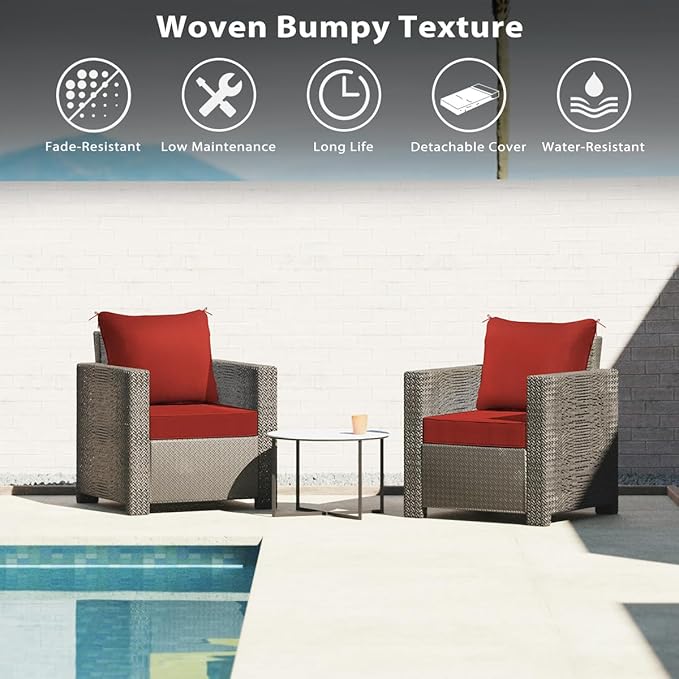 Sundale Outdoor Olefin Deep Seat Cushion Set of 2, Patio Chair Cushion and Pillow, Water-Resistant Sectional Sofa Pad with Straps Red, 24 x 24 x 6 Inches