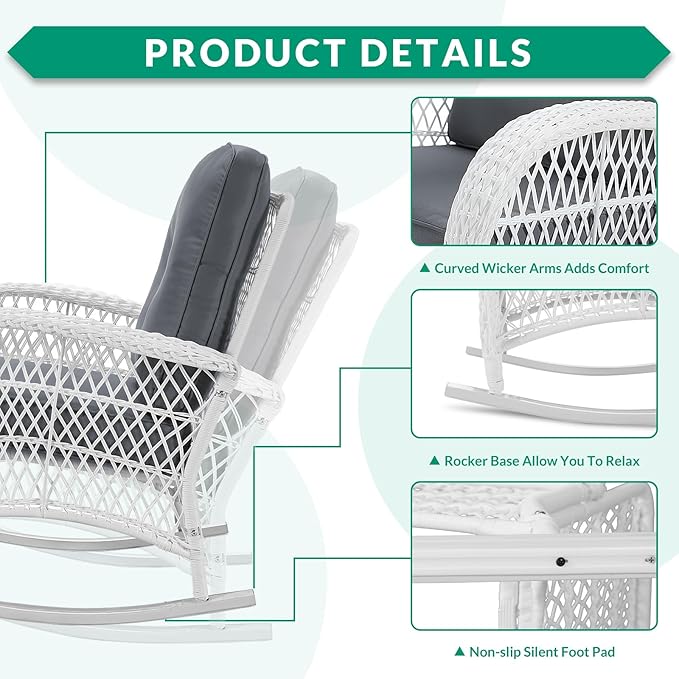 VIVIJASON 2 Piece Patio Wicker Rattan Rocker Chair, Outdoor Rattan Rocker Chair with Cushions & Steel Frame, All-Weather Rocking Lawn Wicker Furniture for Garden Backyard Porch (White Wicker/Grey)