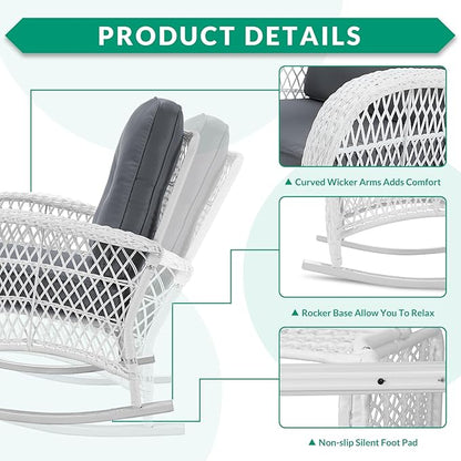 VIVIJASON 2 Piece Patio Wicker Rattan Rocker Chair, Outdoor Rattan Rocker Chair with Cushions & Steel Frame, All-Weather Rocking Lawn Wicker Furniture for Garden Backyard Porch (White Wicker/Grey)
