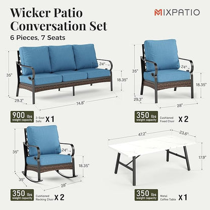 Patio Furniture Set with Firepit Table, Black Frame Outdoor Conversation Set with 2 x Fixed Chairs, 2 x Rocking Chairs, 1 x 3-Seat Sofa for Lawn Garden Backyard, Navy Blue