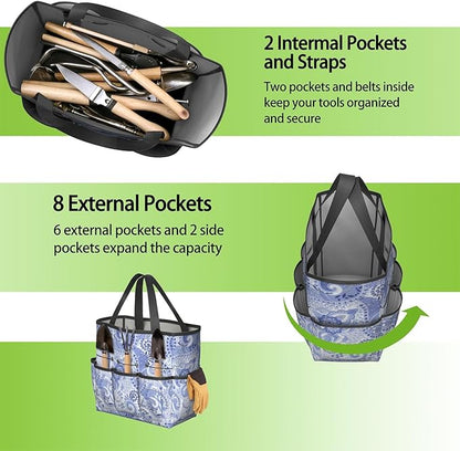 Paisley Garden Tool Bag - Waterproof Garden Tote with 8 Pockets, Large Storage Home Organizer Gardening Tool Oxford Bag for Garden Tools Kits Holder, Ideal Outdoor Gardening Gift for Women & Men
