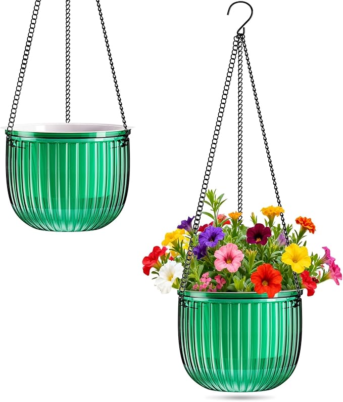 Halatool 2 Pack Self Watering Hanging Planters for Plants, 8.3 Inch Hanging Baskets, 3 Hooks Plant Hangers with Drainage Holes for Gardening (Green)