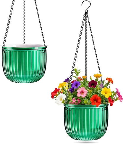 Halatool 2 Pack Self Watering Hanging Planters for Plants, 8.3 Inch Hanging Baskets, 3 Hooks Plant Hangers with Drainage Holes for Gardening (Green)