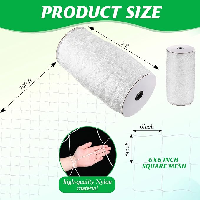 Berlune 5 x 700 ft Trellis Netting Roll Soft Mesh Nylon Heavy Duty Garden Trellis Netting Bulk for Climbing Plants, Grape Racks, Growing Support Bean, Pea, Tomatoes