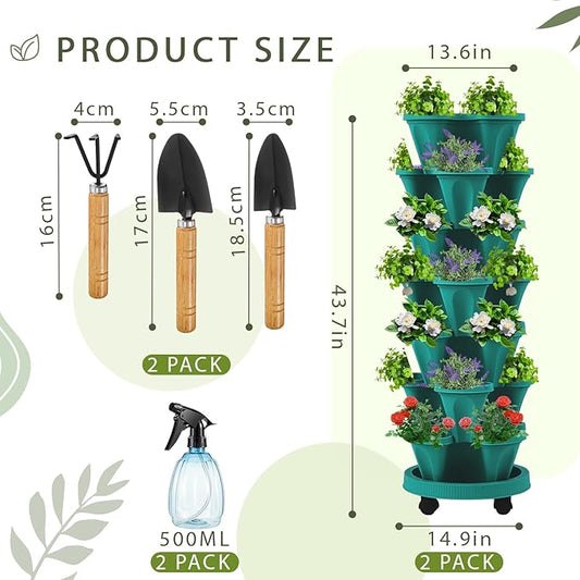 Umigy 2 Set of 7 Tier Vertical Planter Stackable Tower Planters Strawberry Herb Flower and Vegetable Pots Indoor Outdoor Gardening Pots with Removable Wheels and Tools(Green)
