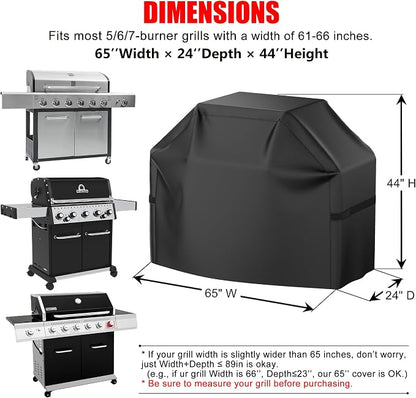 Grill Cover, 65 inch Heavy Duty BBQ Gas Grill Cover for Outdoor Grill, Waterproof, Weather Resistant, Anti-UV, Rip-Proof, Fade Resistant Barbecue Cover with Hook-and-Loop Straps for Most Grills
