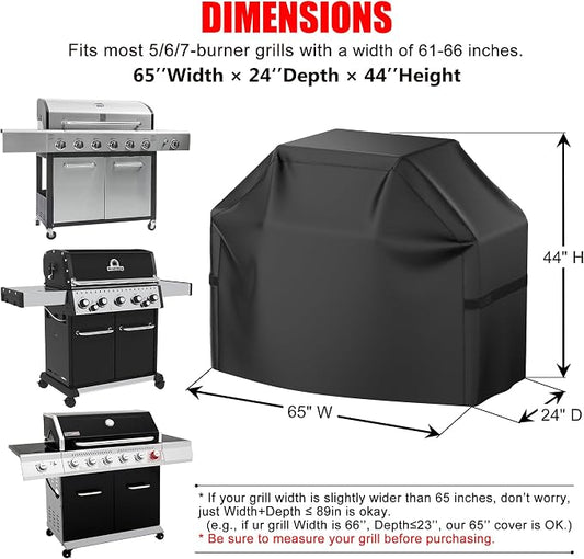 Grill Cover, 65 inch Heavy Duty BBQ Gas Grill Cover for Outdoor Grill, Waterproof, Weather Resistant, Anti-UV, Rip-Proof, Fade Resistant Barbecue Cover with Hook-and-Loop Straps for Most Grills