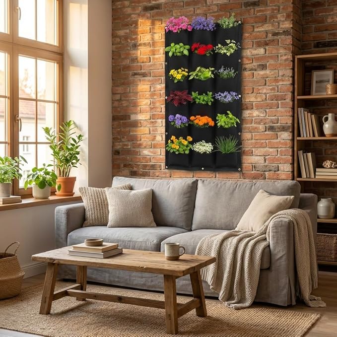 WFIST Vertical Hanging Planter Bag, Breathable Felt Wall Garden Planter with Metal Grommets, Indoor/Outdoor Space-Saving Herb & Flower Growing Pouch (18-Pocket)
