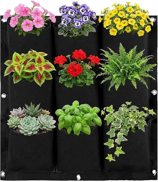 WFIST Vertical Hanging Planter Bag, Breathable Felt Wall Garden Planter with Metal Grommets, Indoor/Outdoor Space-Saving Herb & Flower Growing Pouch (9-Pocket)