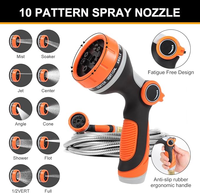 Metal Garden Hose 100 ft, Stainless Steel Water Hose 100ft with 10 Function Nozzle & 3/4 Copper Fitting, Heavy Duty & Flexible, Kink Free & Lightweight for Yard, Outdoor, Lawn, Patio & Car