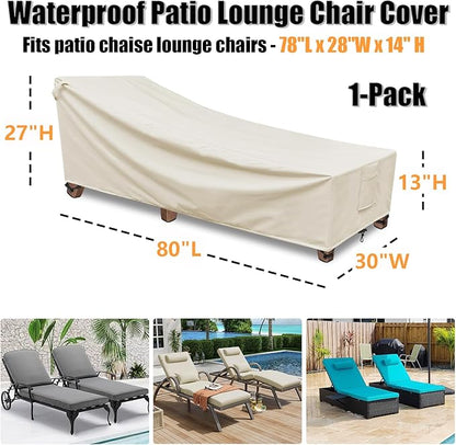 Lounge Chair Covers Outdoor Waterproof - 1Pack, 600D Weather-Resistant Polyester UV-Resistant and Tear-Resistant Fabric, Patio Chaise Lounge Covers 80" L x 30" W x 27" H, Beige