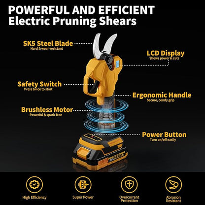 Electric Pruning Shears, Cordless Power Pruner with 2 Inch Cutting Diameter, LCD Display, Brushless Motor & 2×2.0Ah Batteries for Tree Branches & Garden
