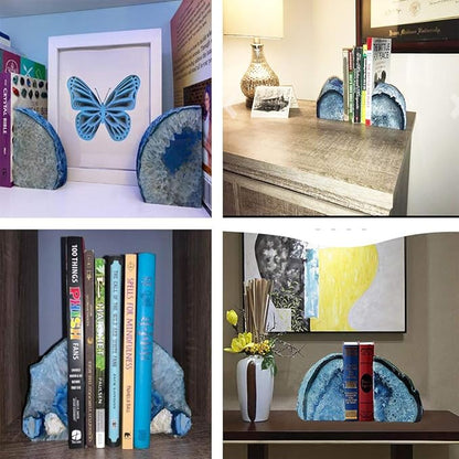 JIC Gem Blue Agate Bookends Geode Book Ends for Shelves Decorative Crystal Bookends Heavy Duty Bookend Bookshelf Decor with Rubber Bumpers(1 Pair, 3-4 LBS)