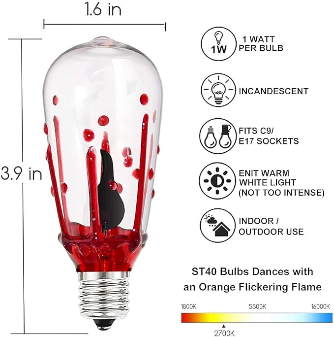 GOOTHY 10 Pack Halloween Flicker Flame Replacement Bulbs, ST40 Bloody Drop Bulbs with Red Flickering Flame for Outdoor String Lights, Party Haunted House, 1W E17 Intermediate Base Bulb