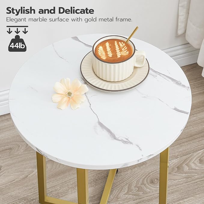 HOOBRO Side Table, Round End Accent Table with Sturdy Metal Pedestal, 15.7" Round Nightstand, for Living Room, Bedroom, Balcony, Office, Marble and Gold DM95BZ01