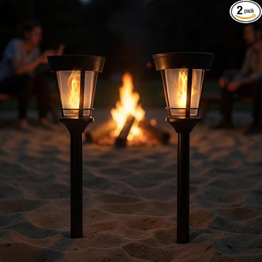 Classic Solar Path Torch - Elegant Flickering Flame Effect with Patented LED, IP65 Waterproof, Solar-Powered Lighting for Garden, Walkway, Yard, and Landscape Ambiance Easy Stake Installation (2 Pack)